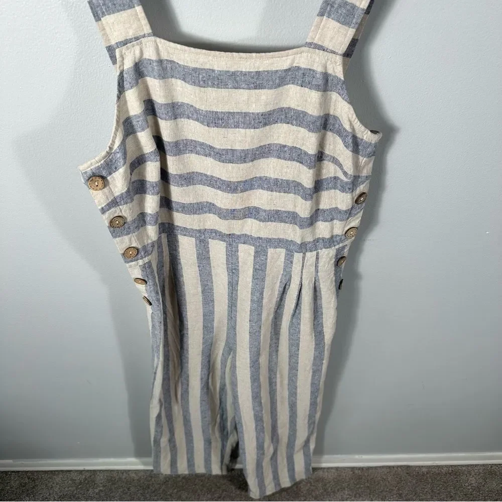 Altar'd State Cream and Blue Sleeveless Striped Linen-Blend Jumpsuit Size Medium